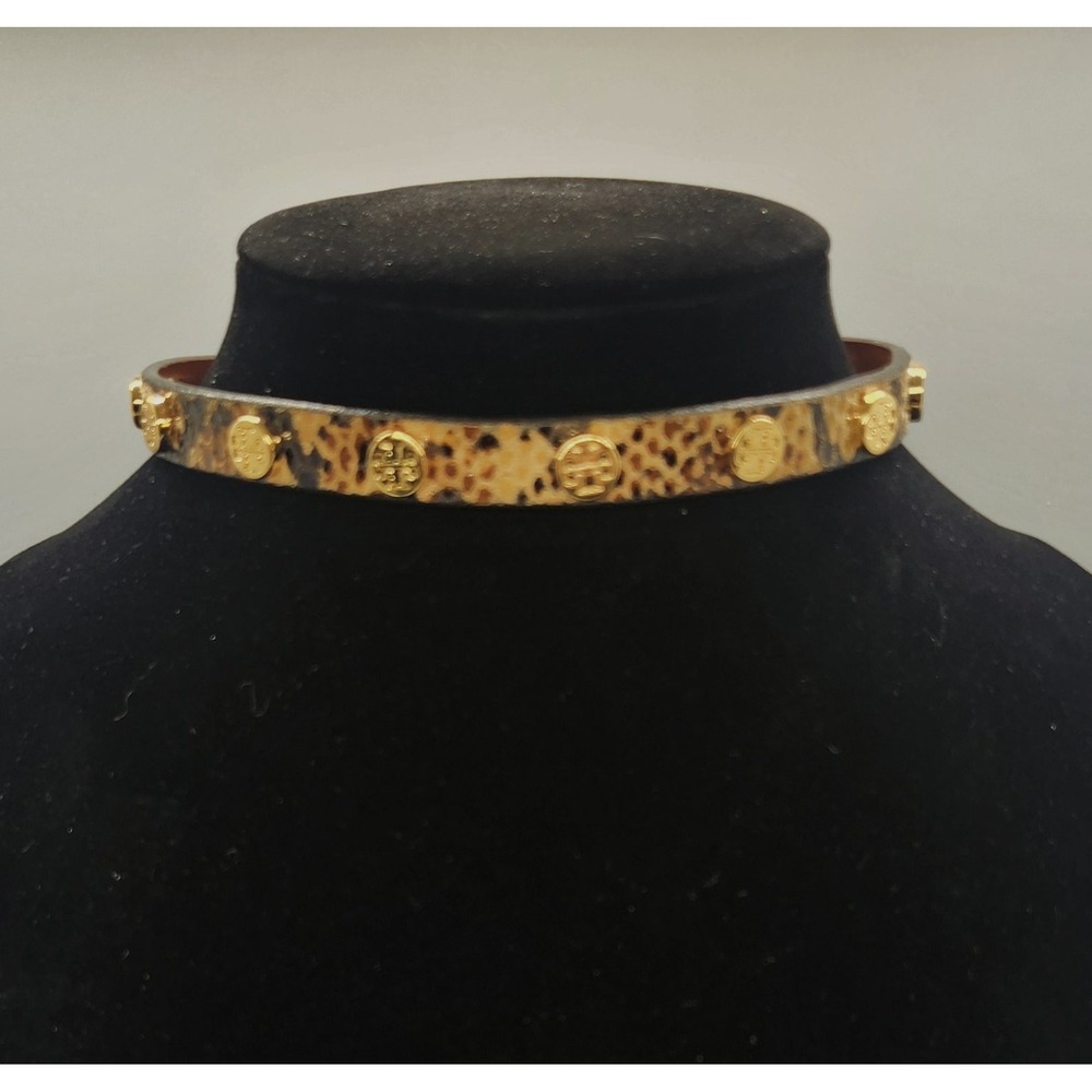 Tory Burch Snakeskin Print Gold Logo Stud Leather Choker Collar Necklace Made
